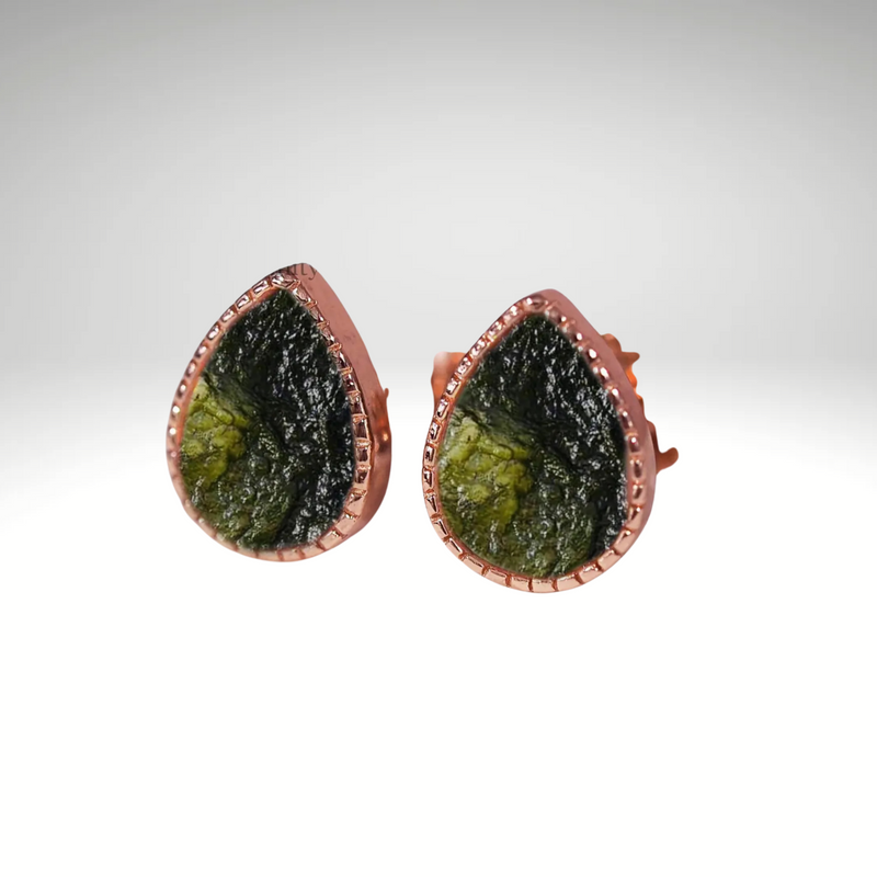 Natural Raw Moldavite Gemstone Sunburst stud Earring in Sterling Silver