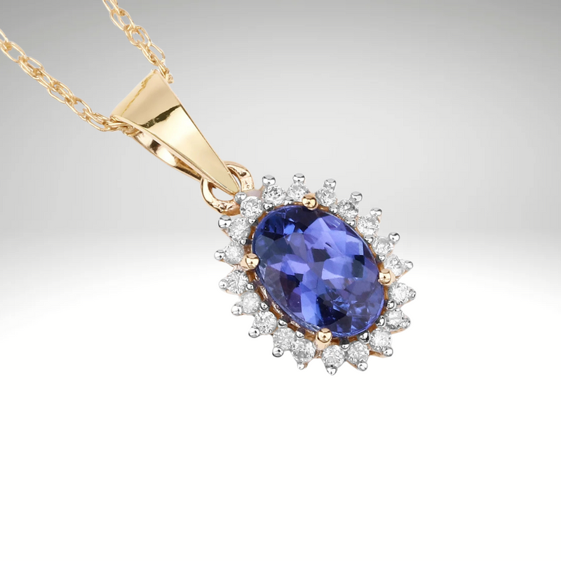 Tanzanite Pendant, Solid 14k Yellow Gold Tanzanite Diamond Halo