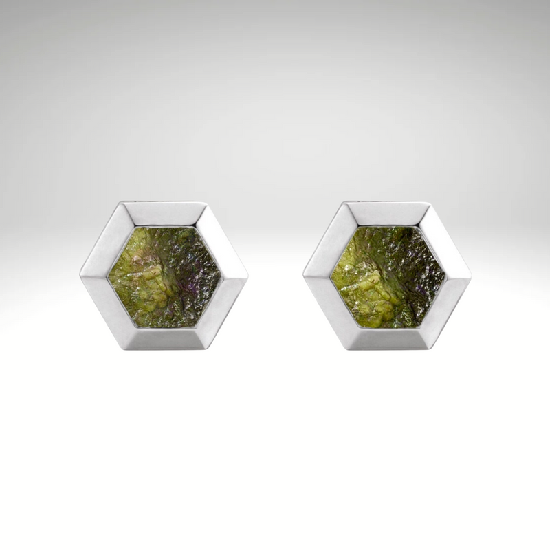 Natural Raw Moldavite Gemstone Sunburst stud Earring in Sterling Silver