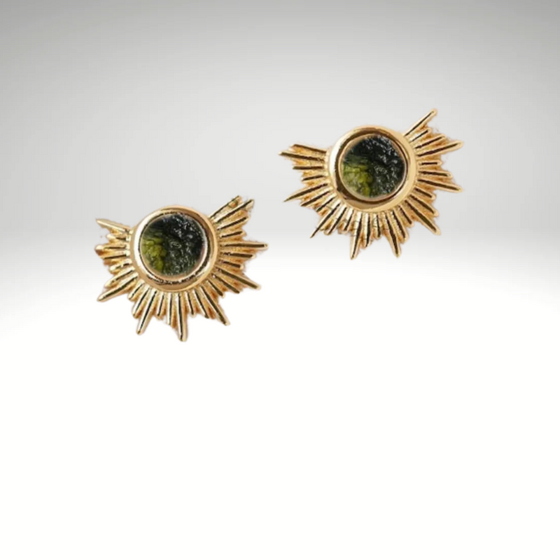 Natural Raw Moldavite Gemstone Sunburst stud Earring in Sterling Silver