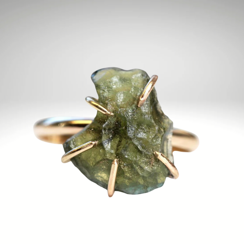 Moldavite ring, certified Czech Republic, silver, 18-carat gold plated High vibration jewelry