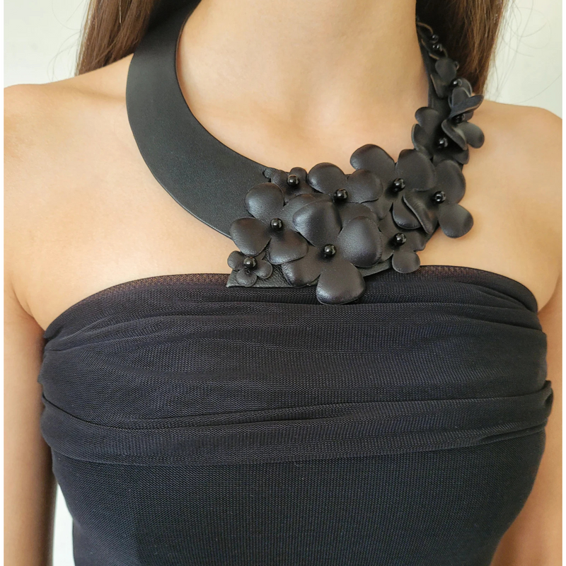 Handmade Jewelry, Black Leather Bib Necklace, Boho Jewelry