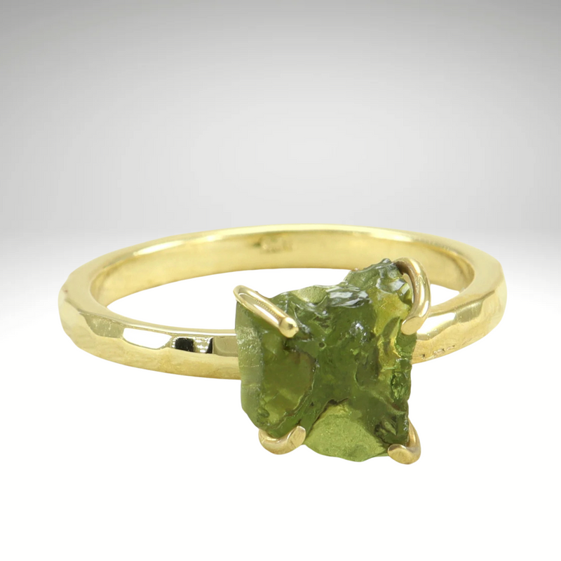 Moldavite ring, certified Czech Republic, silver, 18-carat gold plated High vibration jewelry