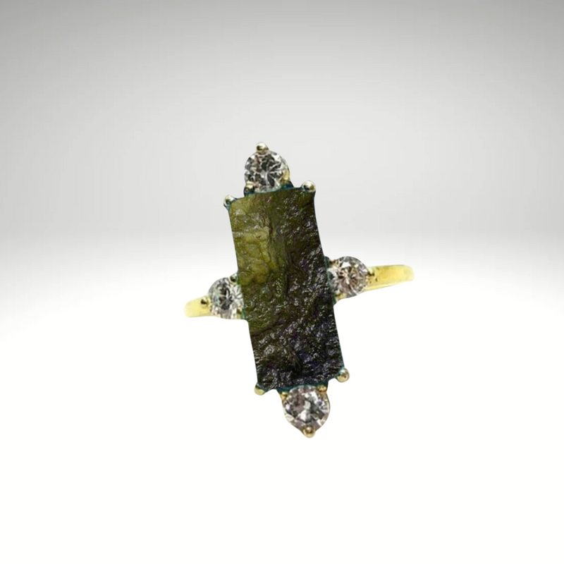 Moldavite ring, certified Czech Republic, silver, 18-carat gold plated High vibration jewelry