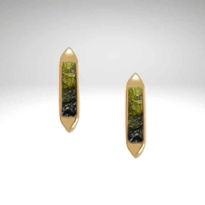 Natural Raw Moldavite Gemstone Sunburst stud Earring in Sterling Silver