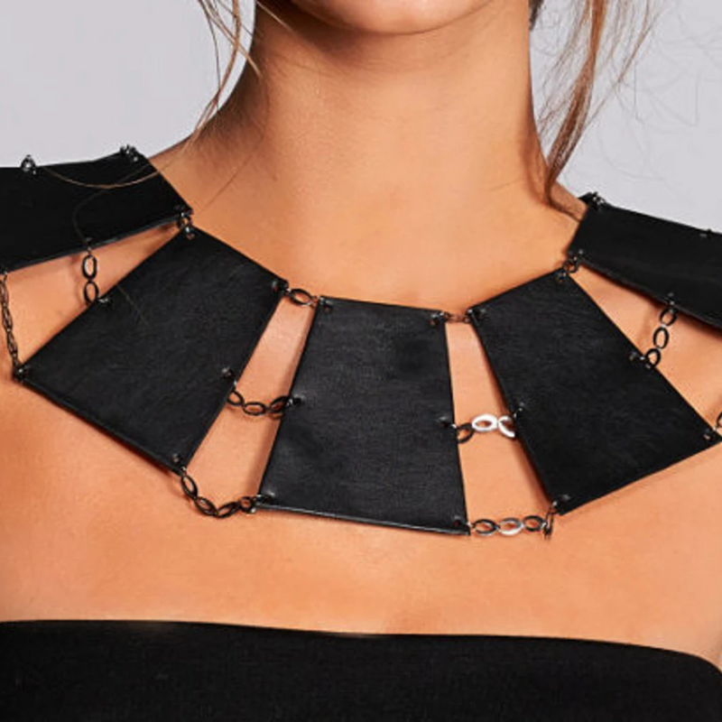 Handmade Geometric Necklace, Gothic Jewelry, Leather Collar, Futuristic Necklace