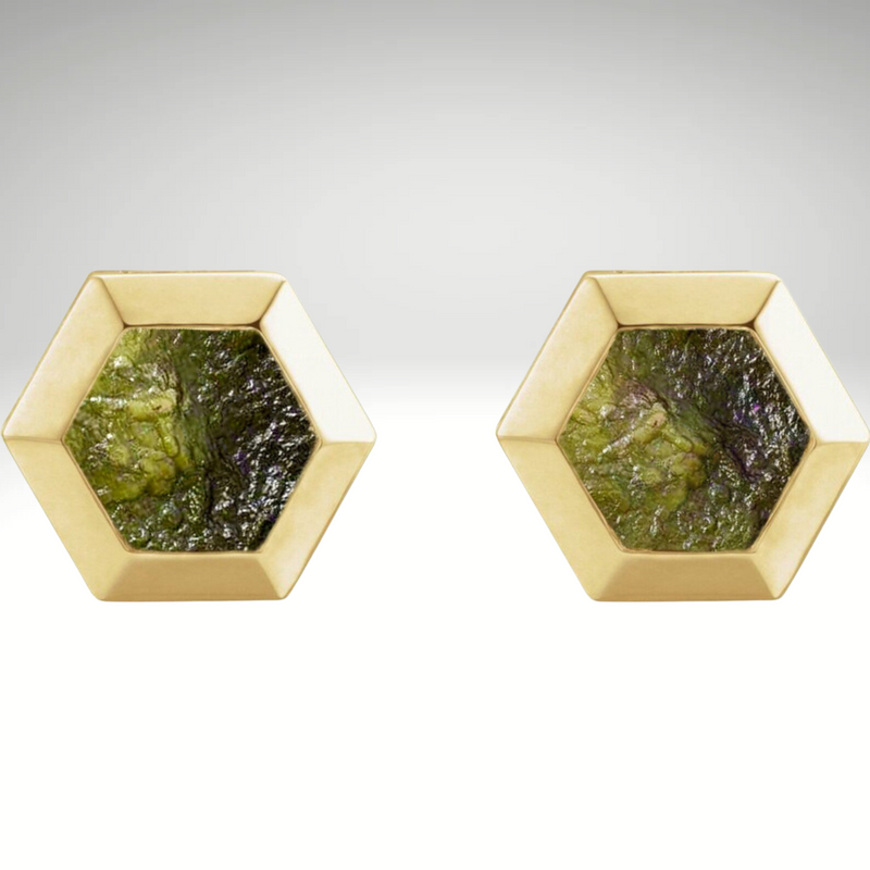 Natural Raw Moldavite Gemstone Sunburst stud Earring in Sterling Silver