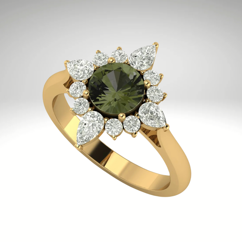 Moldavite ring, certified Czech Republic, silver, 18-carat gold plated High vibration jewelry