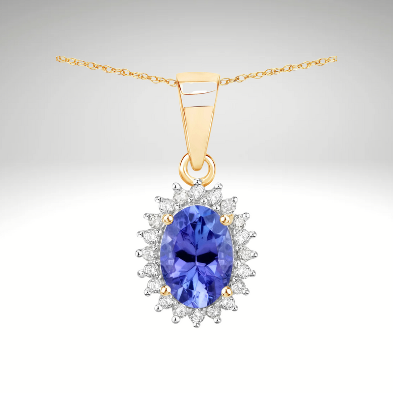 Tanzanite Pendant, Solid 14k Yellow Gold Tanzanite Diamond Halo