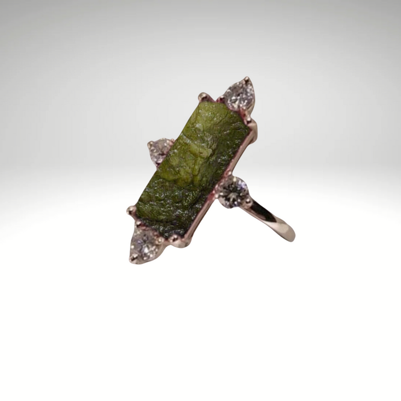 Moldavite ring, certified Czech Republic, silver, 18-carat gold plated High vibration jewelry