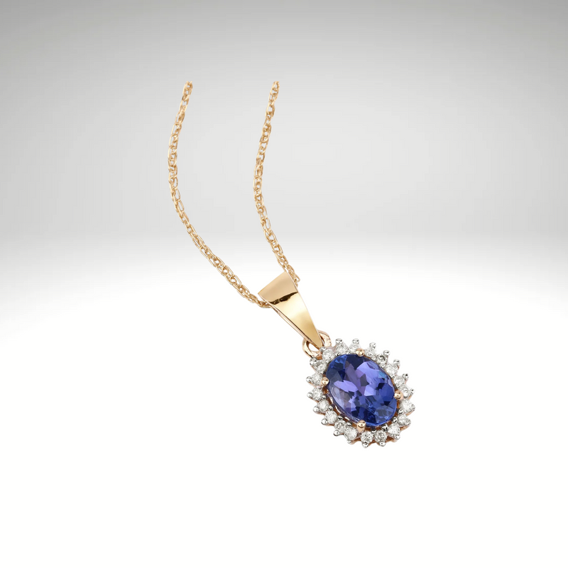 Tanzanite Pendant, Solid 14k Yellow Gold Tanzanite Diamond Halo