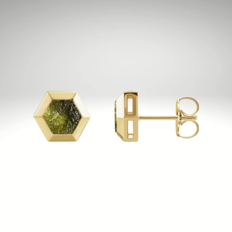 Natural Raw Moldavite Gemstone Sunburst stud Earring in Sterling Silver