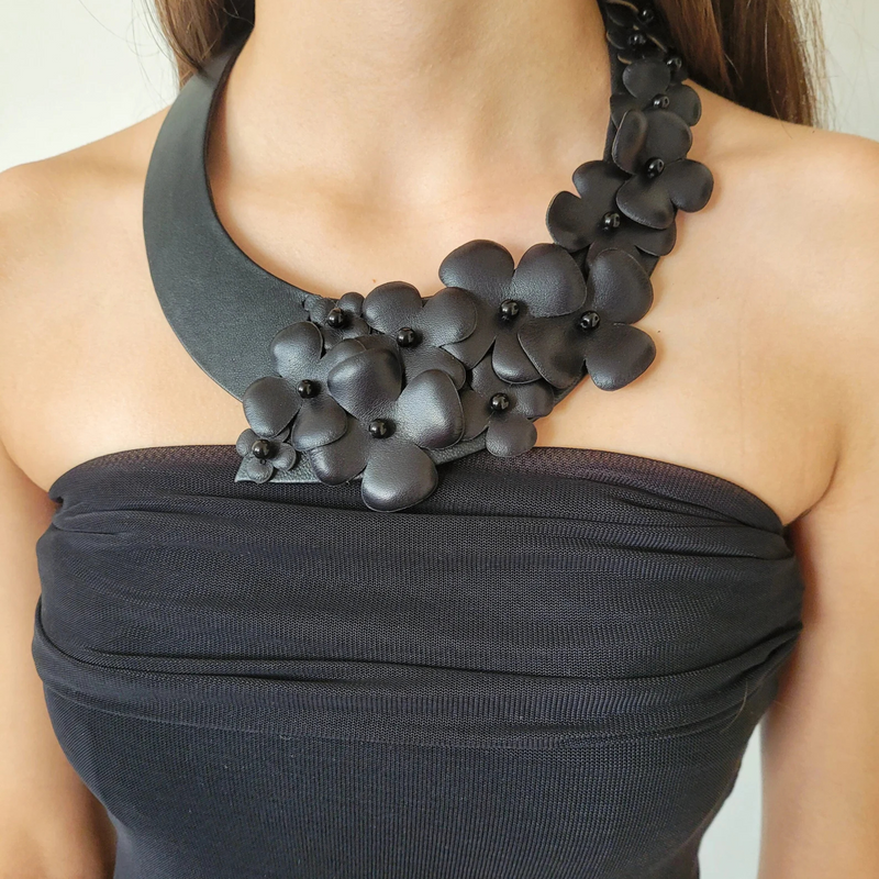 Handmade Jewelry, Black Leather Bib Necklace, Boho Jewelry