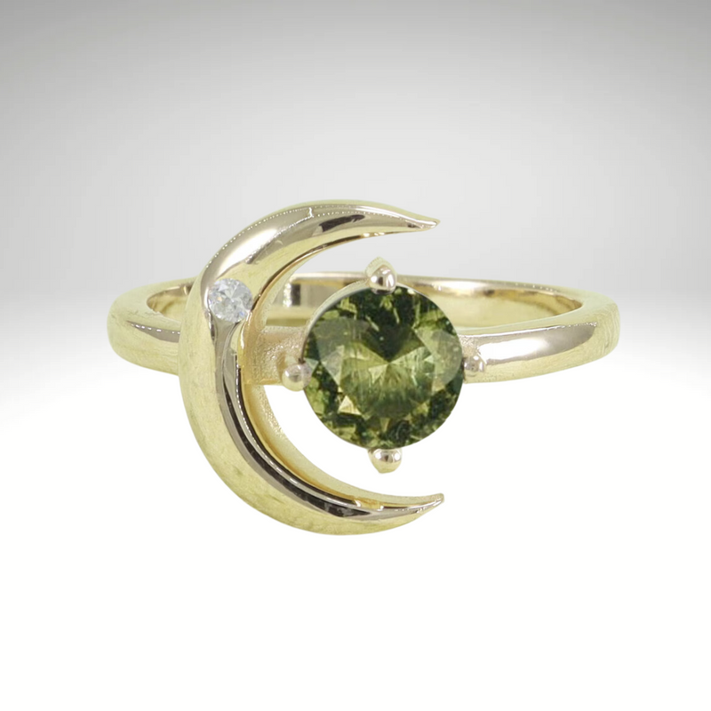 Moldavite ring, certified Czech Republic, silver, 18-carat gold plated High vibration jewelry