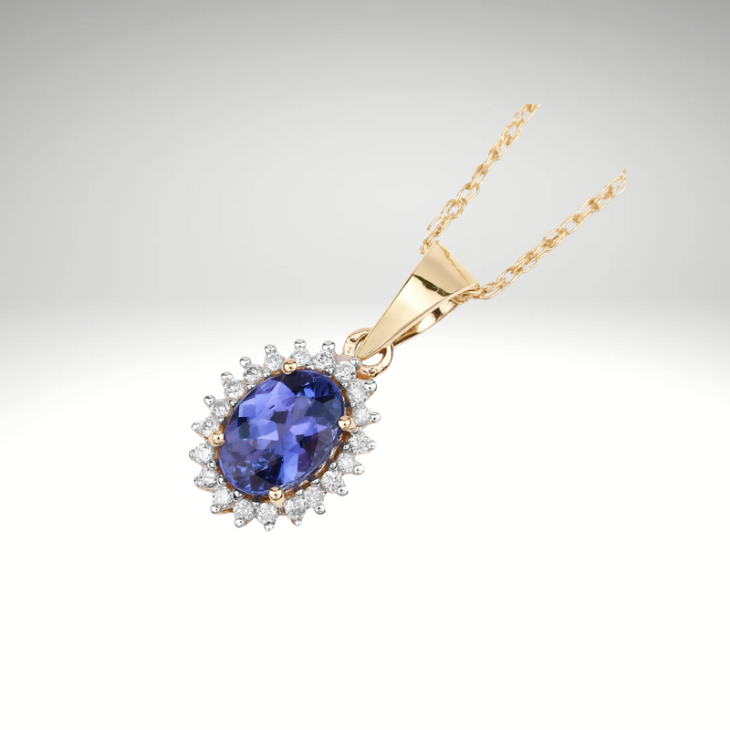 Tanzanite Pendant, Solid 14k Yellow Gold Tanzanite Diamond Halo