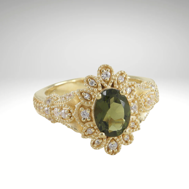 Moldavite ring, certified Czech Republic, silver, 18-carat gold plated High vibration jewelry