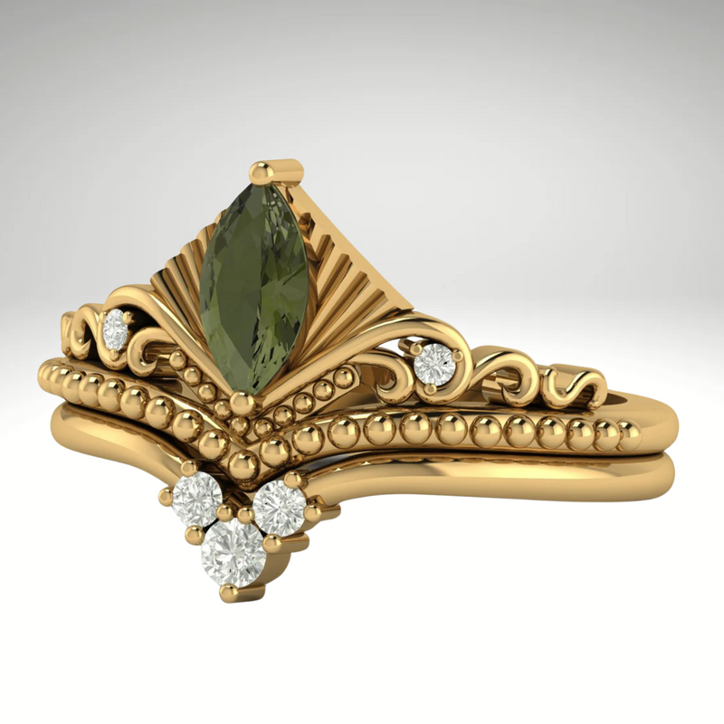 Moldavite ring, certified Czech Republic, silver, 18-carat gold plated High vibration jewelry