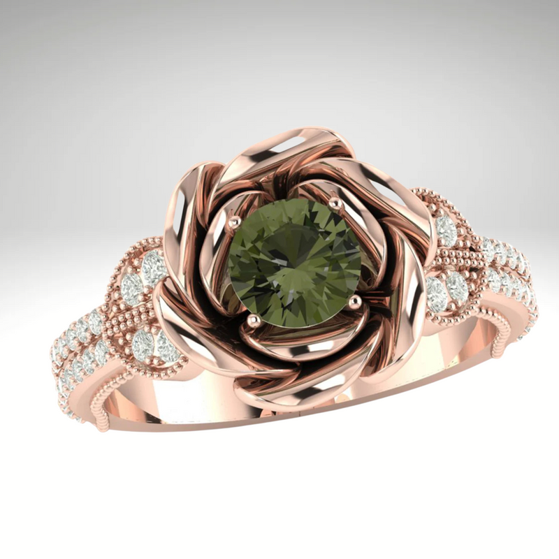 Moldavite ring, certified Czech Republic, silver, 18-carat gold plated High vibration jewelry