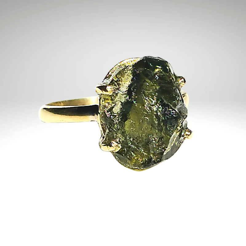 Moldavite claw ring, certified Czech Republic, silver, 18-carat gold plated High vibration jewelry