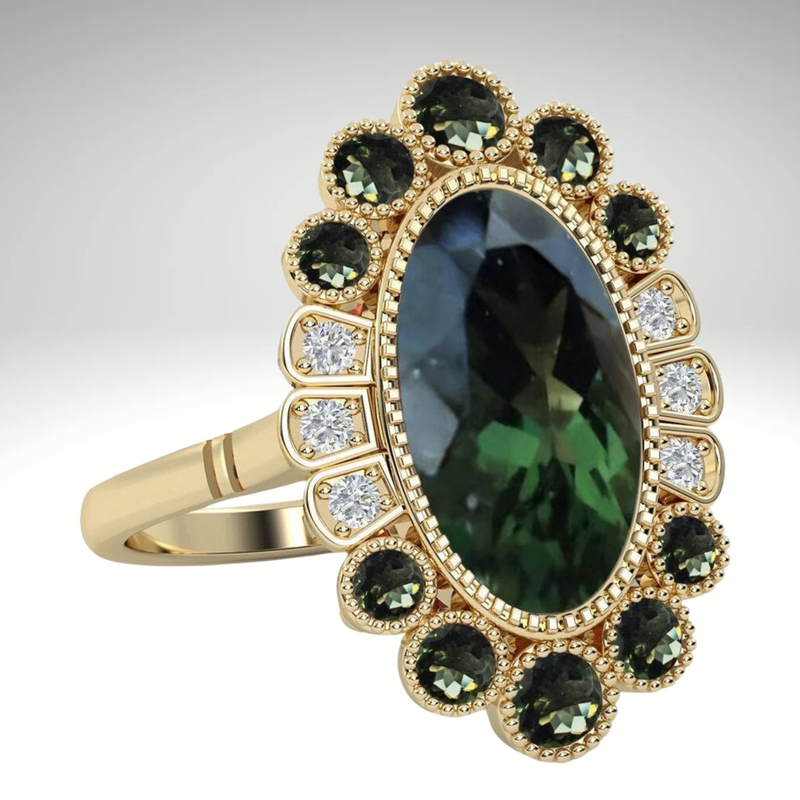 Moldavite ring, certified Czech Republic, silver, 18-carat gold plated High vibration jewelry