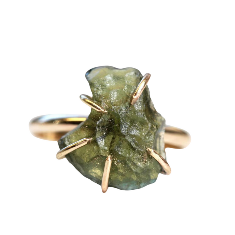 Moldavite ring, certified Czech Republic, silver, 18-carat gold plated High vibration jewelry