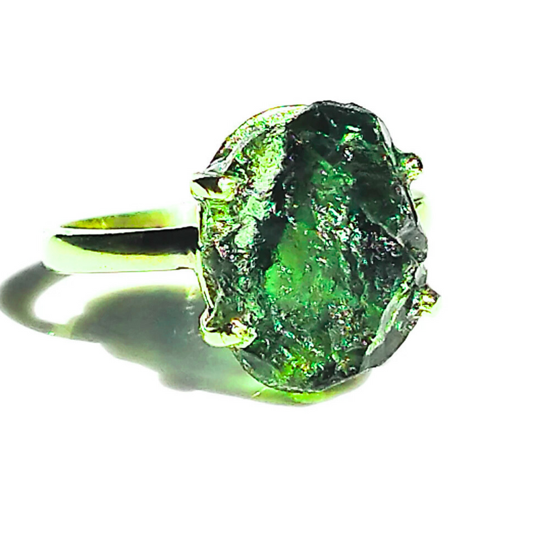 Moldavite claw ring, certified Czech Republic, silver, 18-carat gold plated High vibration jewelry