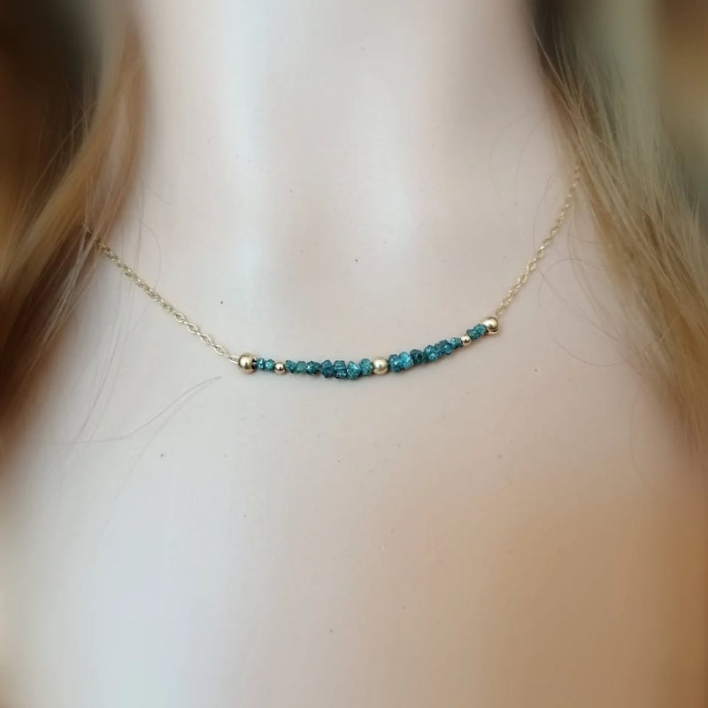 Raw Blue Diamond Necklace, Delicate Bar Necklace, Precious Diamond Gold Necklace