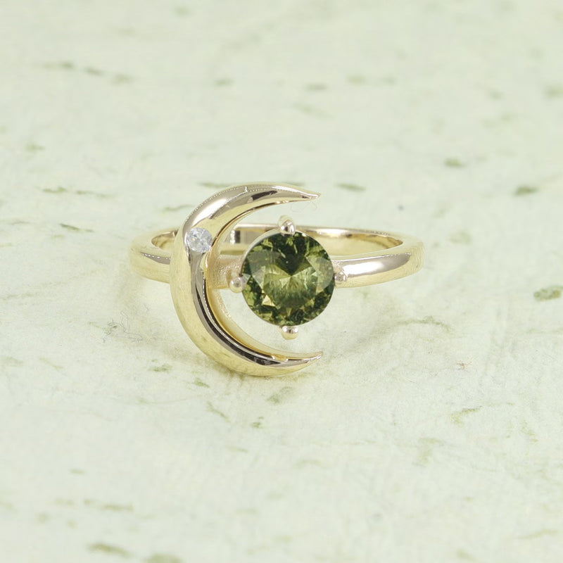 Moldavite ring, certified Czech Republic, silver, 18-carat gold plated High vibration jewelry