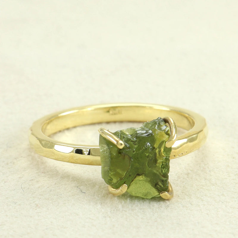 Moldavite ring, certified Czech Republic, silver, 18-carat gold plated High vibration jewelry