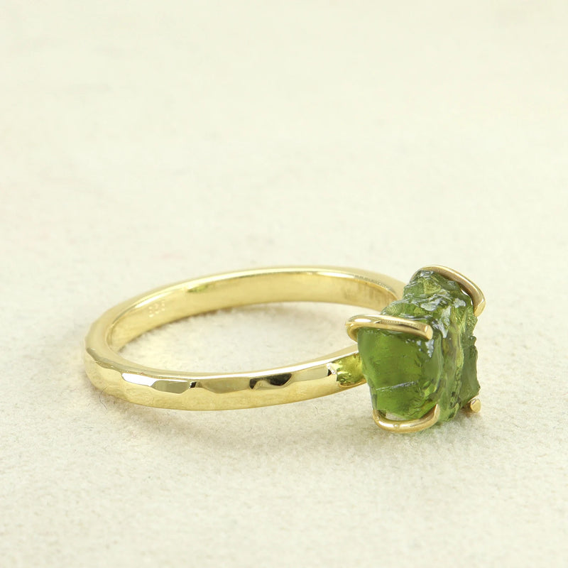 Moldavite ring, certified Czech Republic, silver, 18-carat gold plated High vibration jewelry