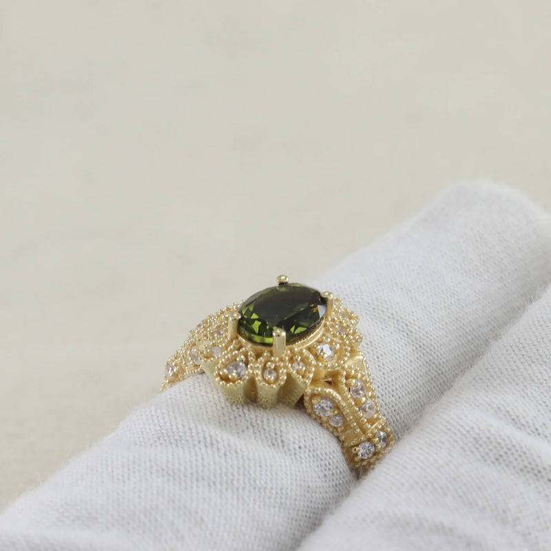 Moldavite ring, certified Czech Republic, silver, 18-carat gold plated High vibration jewelry