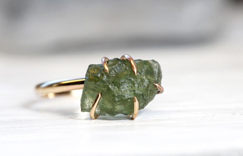 Moldavite ring, certified Czech Republic, silver, 18-carat gold plated High vibration jewelry