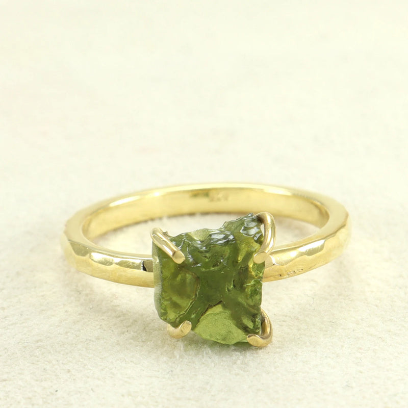 Moldavite ring, certified Czech Republic, silver, 18-carat gold plated High vibration jewelry