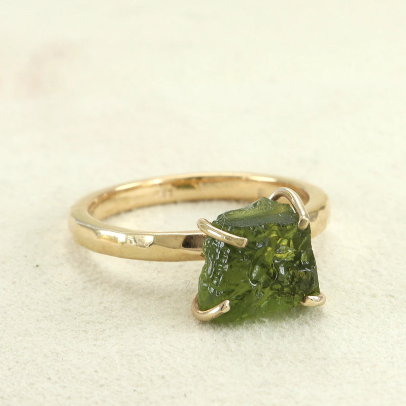 Moldavite ring, certified Czech Republic, silver, 18-carat gold plated High vibration jewelry