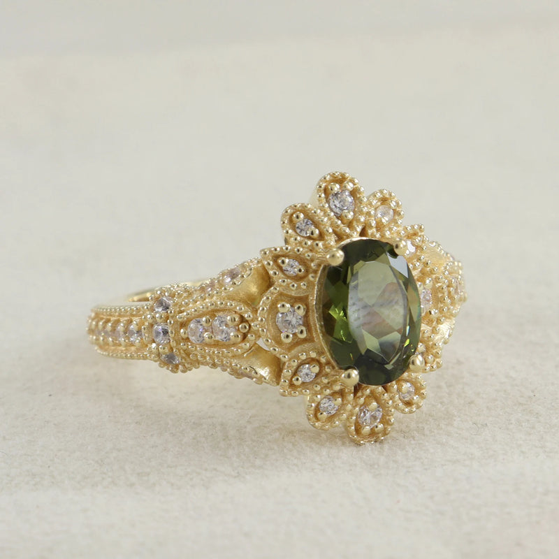 Moldavite ring, certified Czech Republic, silver, 18-carat gold plated High vibration jewelry