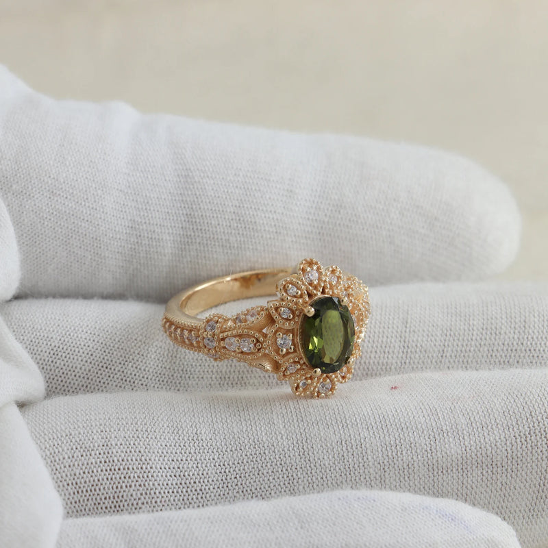 Moldavite ring, certified Czech Republic, silver, 18-carat gold plated High vibration jewelry