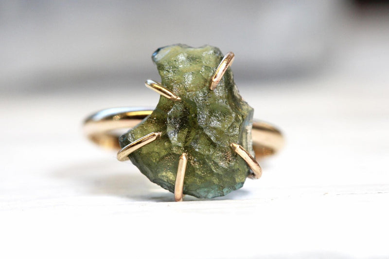 Moldavite ring, certified Czech Republic, silver, 18-carat gold plated High vibration jewelry