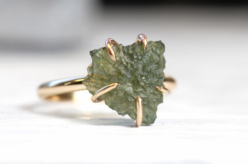 Moldavite ring, certified Czech Republic, silver, 18-carat gold plated High vibration jewelry