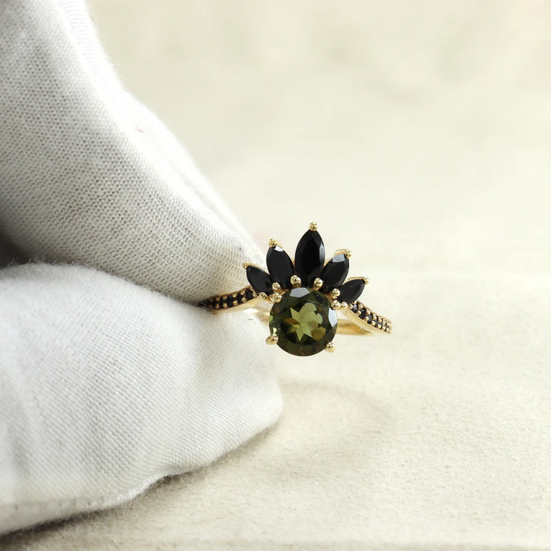 Moldavite ring, certified Czech Republic, silver, 18-carat gold plated High vibration jewelry