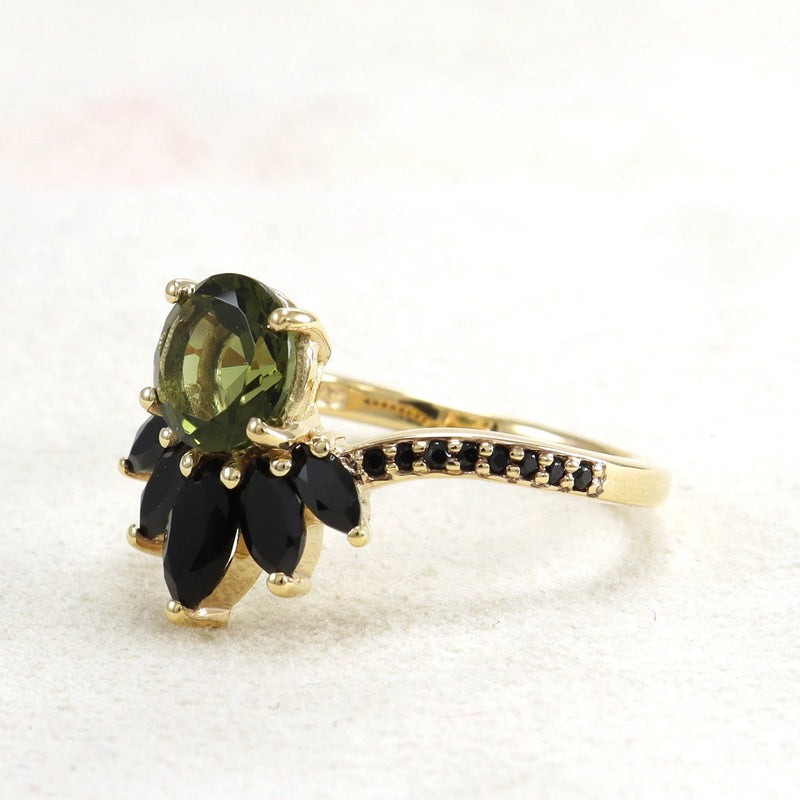 Moldavite ring, certified Czech Republic, silver, 18-carat gold plated High vibration jewelry