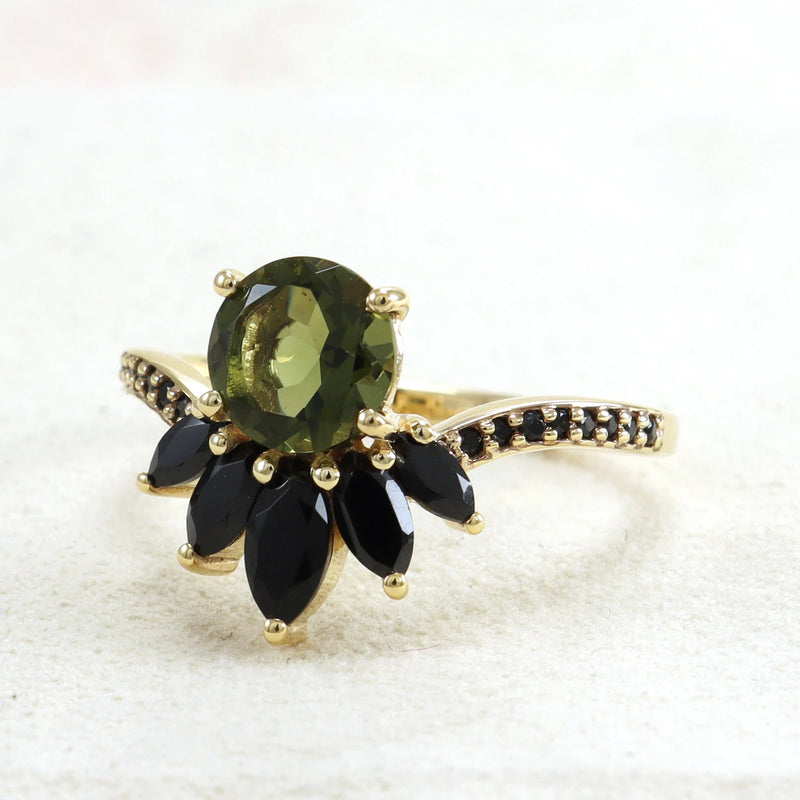 Moldavite ring, certified Czech Republic, silver, 18-carat gold plated High vibration jewelry