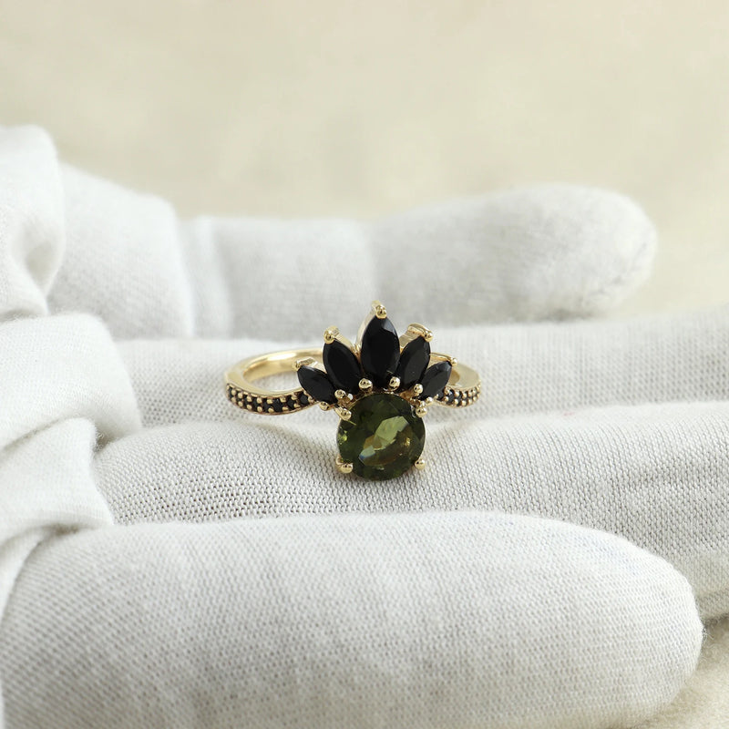 Moldavite ring, certified Czech Republic, silver, 18-carat gold plated High vibration jewelry