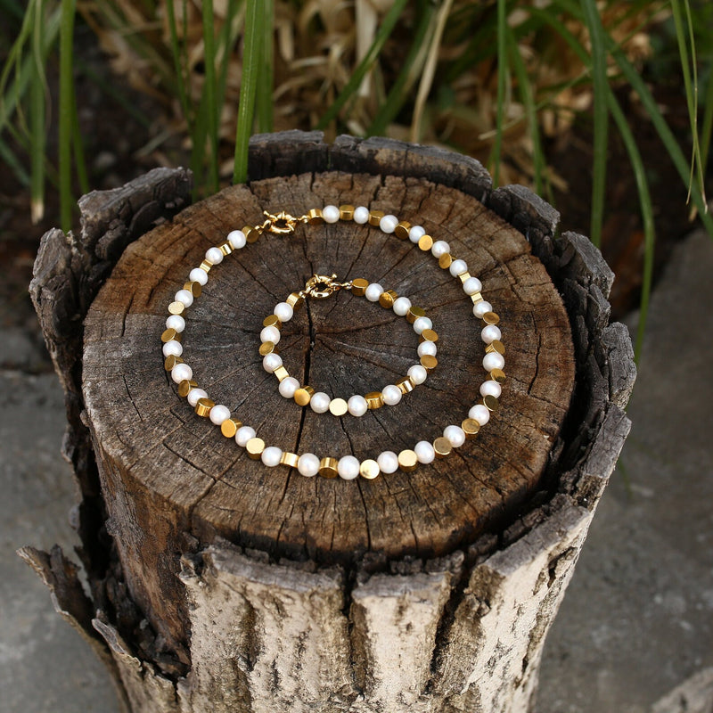 Freshwater Pearl and Gold Bead Necklace, Layering Choke