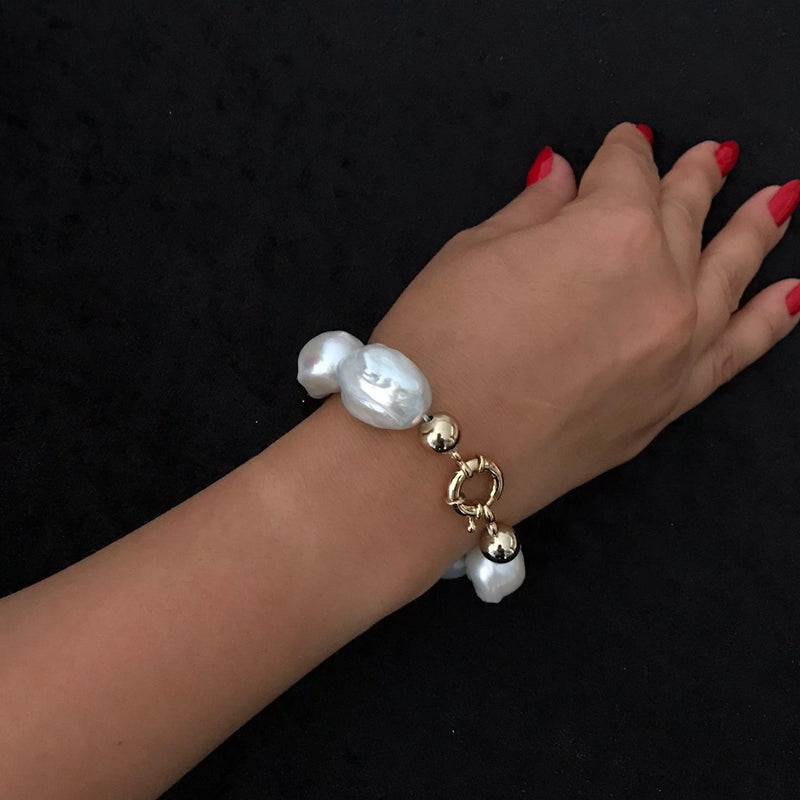 White Baroque Pearl Statement Bracelet, High Luster Pearl Bracelet