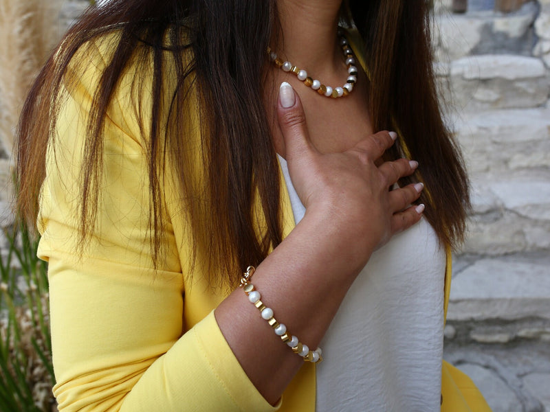 Freshwater Pearl and Gold Bead Necklace, Layering Choke