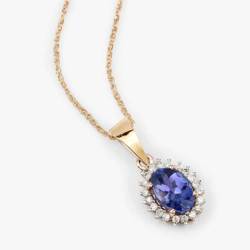 Solid 14k Yellow Gold Tanzanite Diamond Halo Pendant Necklace