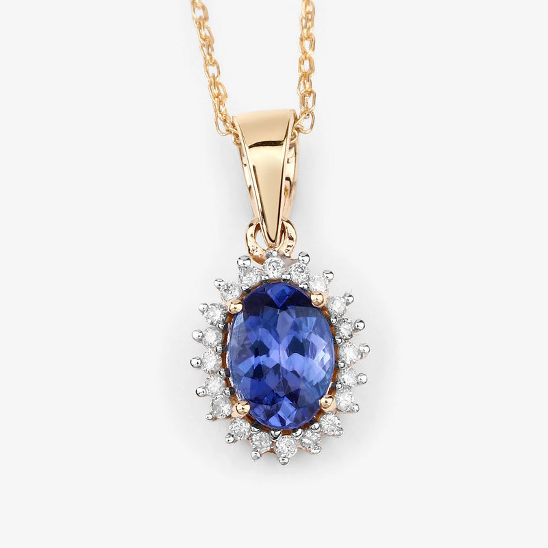 Solid 14k Yellow Gold Tanzanite Diamond Halo Pendant Necklace