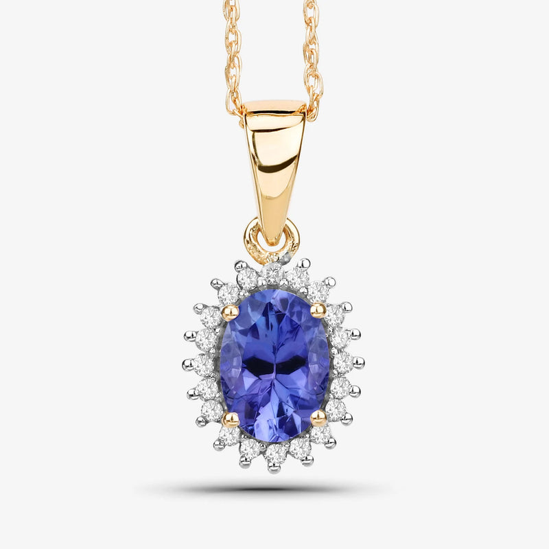 Solid 14k Yellow Gold Tanzanite Diamond Halo Pendant Necklace