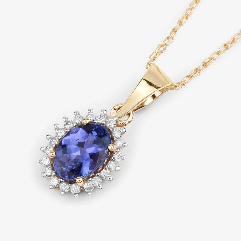 Solid 14k Yellow Gold Tanzanite Diamond Halo Pendant Necklace