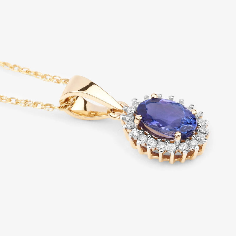 Solid 14k Yellow Gold Tanzanite Diamond Halo Pendant Necklace